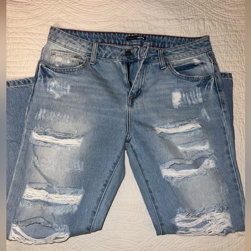 Fashion Nova Distressed Light Blue Denim Jeans
